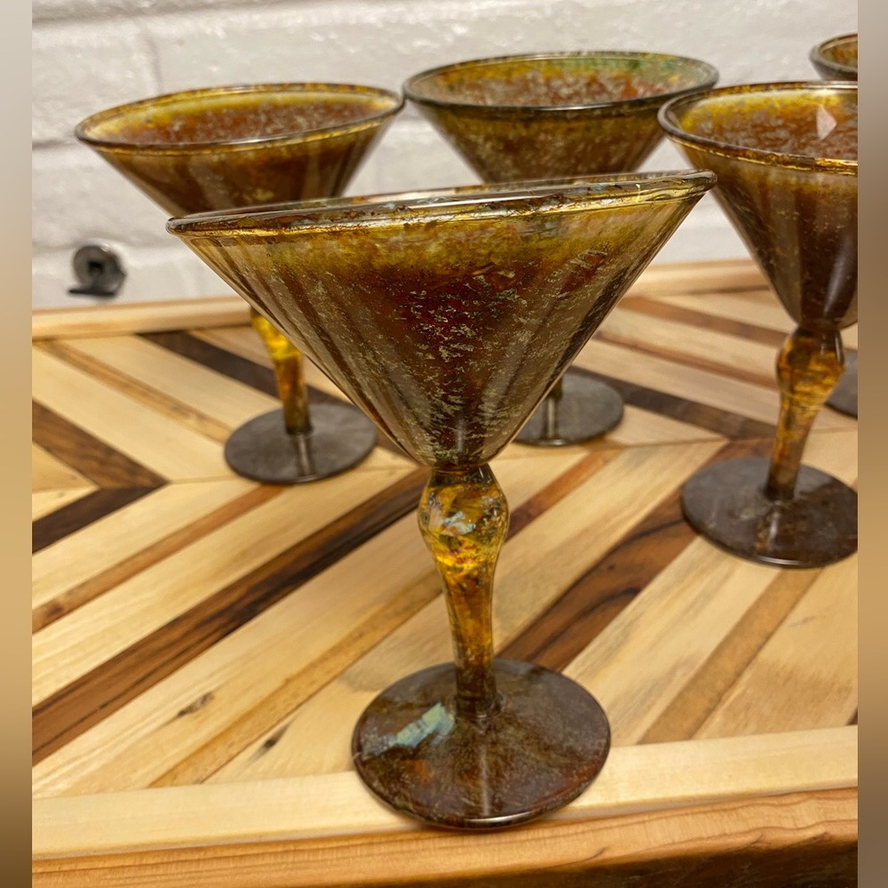 Set Of 5 Hand Blown Polish Art Deco Glass Martini Margarita Cocktail Glass Amber